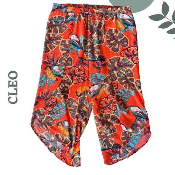 CLEO Tropical Leaf Print Tulip Pants Orange Elastic Waist – Size XL - Picture 2 of 7
